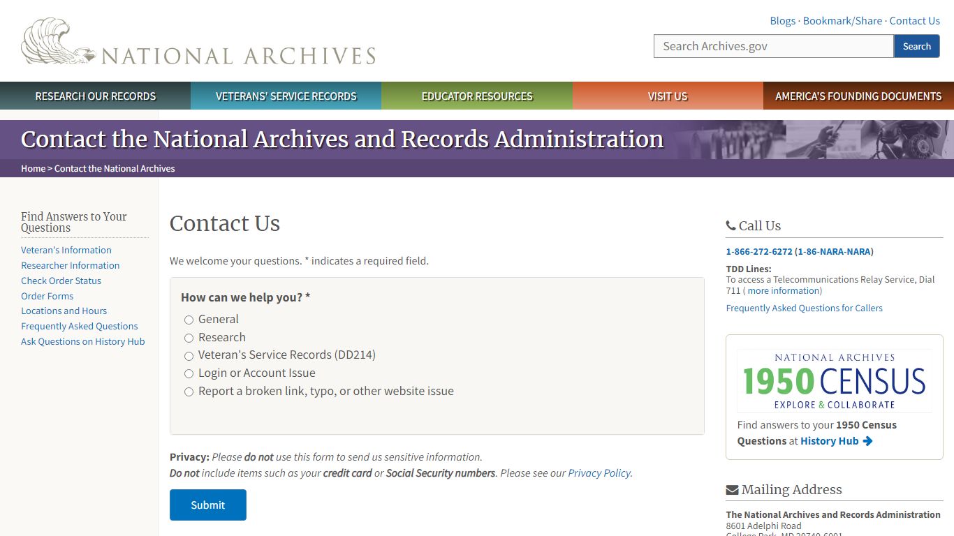 Contact the National Archives | National Archives